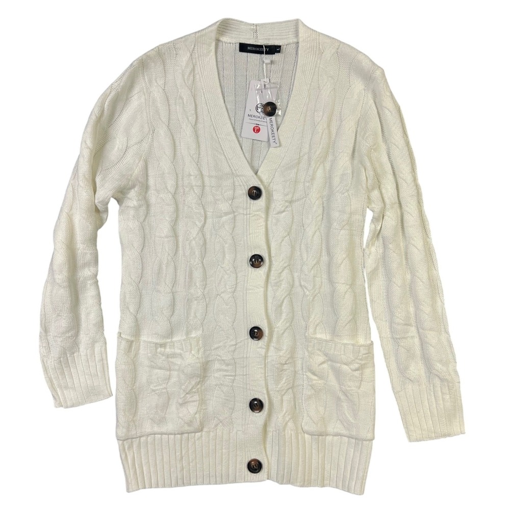 MEROKEETY Cardigan Women‎ LG White Cable Knit V-Neck Button Front Pocket Sweater